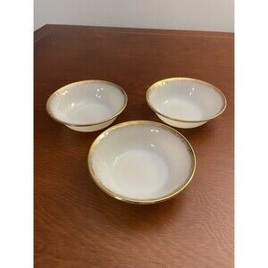 3 Vintage Fire King White Swirl Milk Glass Gold Trim Berry Dessert Bowls 40's